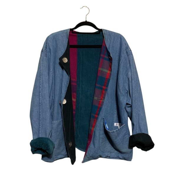 VTG Denim Barn Coat Jacket OOAK Patches Car Appliqué Plaid Lining OS Grandma Y2K - Picture 1 of 14